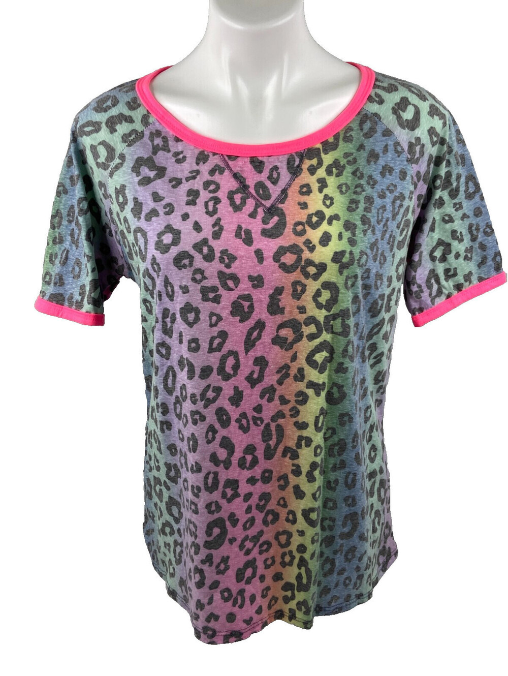 Bibi Women Small Rainbow Leopard Print Top T Shirt Multi Color Casual NWT